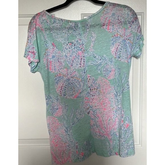 Lilly Pulitzer Top Size XS Mikela Minty Fresh Fansea Print 100% Linen Excellent - Picture 3 of 9